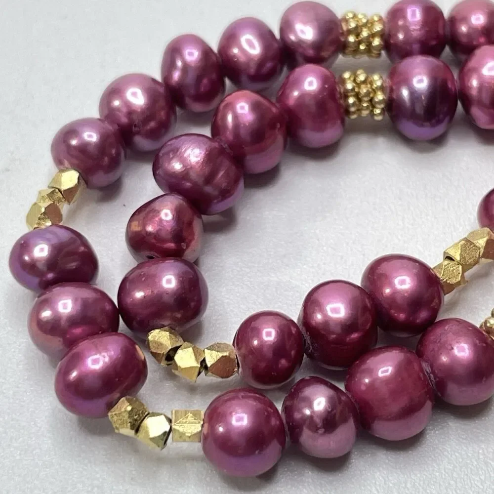 Pink Freshwater Pearl Beaded Gold Tone Necklace Boho Hook Closure Statement
